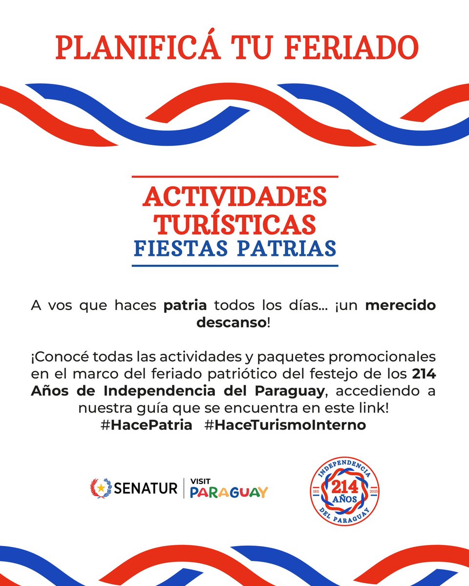 🇵🇾✨ Hacer Patria también es salir a descubrirla

Este mes de mayo, regalate unos días diferentes: recorré, sentí, viví el Paraguay a través de su historia, sabores, arte y tradiciones.

🎶🏞️ Porque cada paseo, cada museo, cada tour y cada rincón