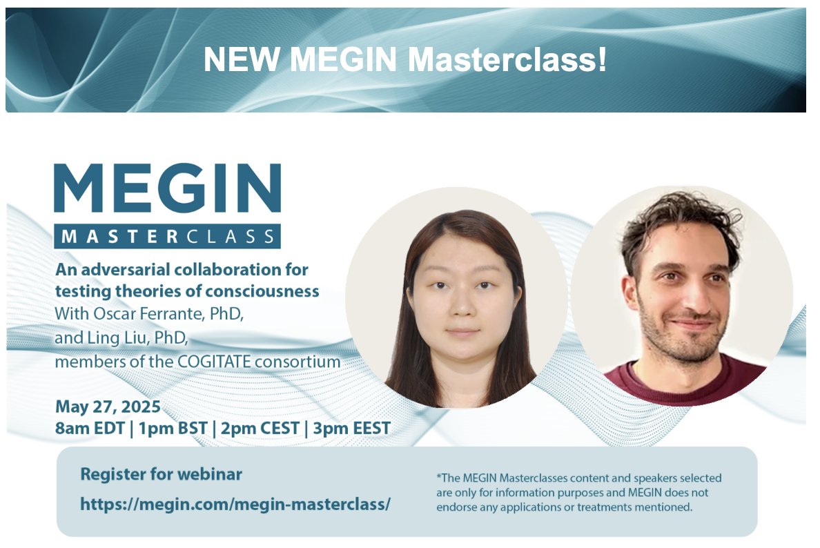 Curious how #MEG is used to study #consciousness?

In this MEGIN Masterclass, <a href="/ferrante_oscar/">Oscar Ferrante</a>  and <a href="/yilingsp/">Ling Liu</a> reflect on lessons from Cogitate, offering a bts look at design, challenges, and broader implications for the field.

Register👇
marketing.megin.fi/MEGIN_Mastercl…