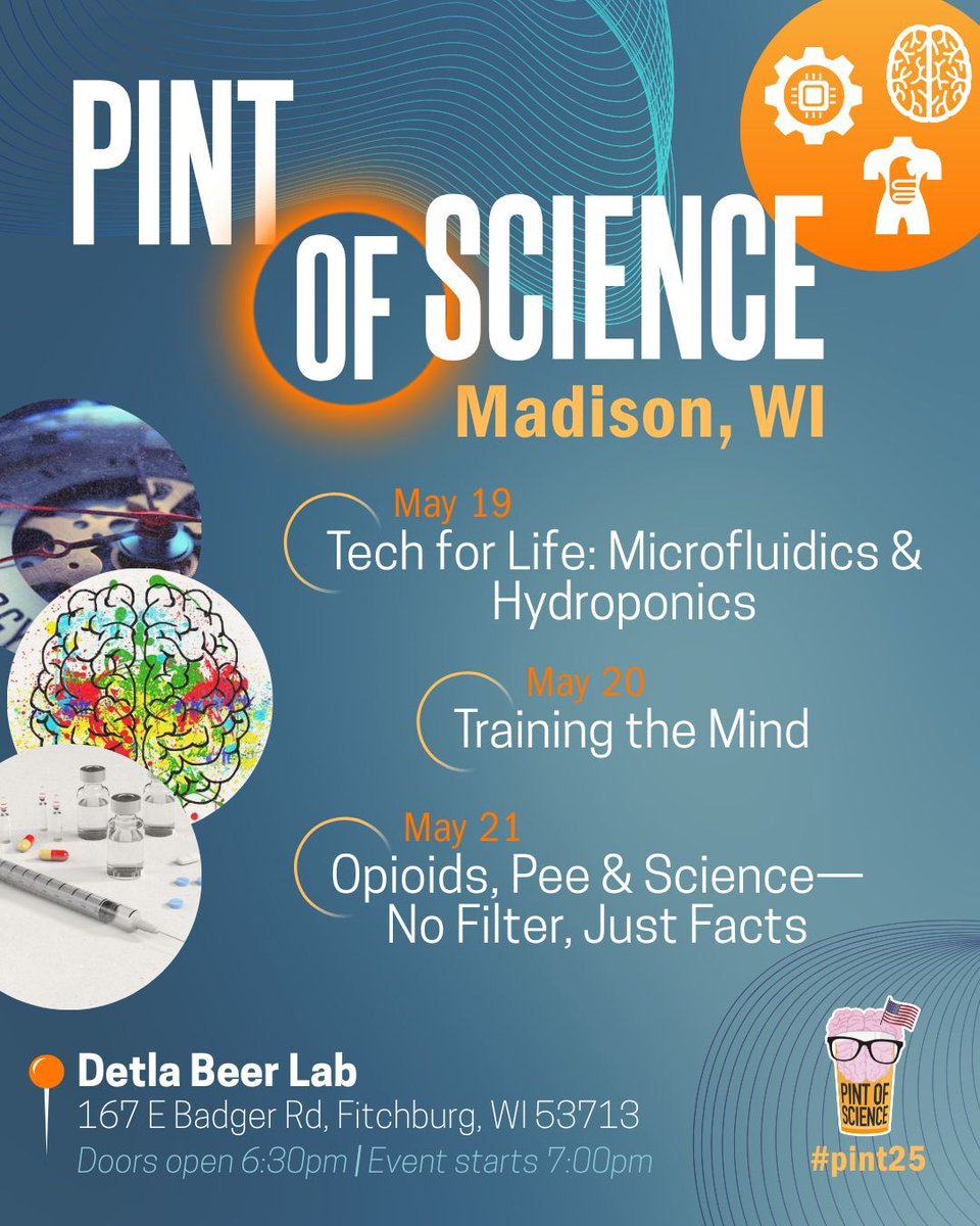 Csanchezdg (@csanchezdg) on Twitter photo 🍺🔬 Madison, ready for a science buzz?
 Pint of Science is back May 19–21!
Join us at local pubs for talks at Delta Beer Lab and Gamma Ray! 💥🍻
🧠 Trivia + 🎁 prizes during intermission!
pintofscience.us/events/madison
#PintOfScience #DeltaBeer #GammaRay 🍺🔬 Madison, ready for a science buzz?
 Pint of Science is back May 19–21!
Join us at local pubs for talks at Delta Beer Lab and Gamma Ray! 💥🍻
🧠 Trivia + 🎁 prizes during intermission!
pintofscience.us/events/madison
#PintOfScience #DeltaBeer #GammaRay