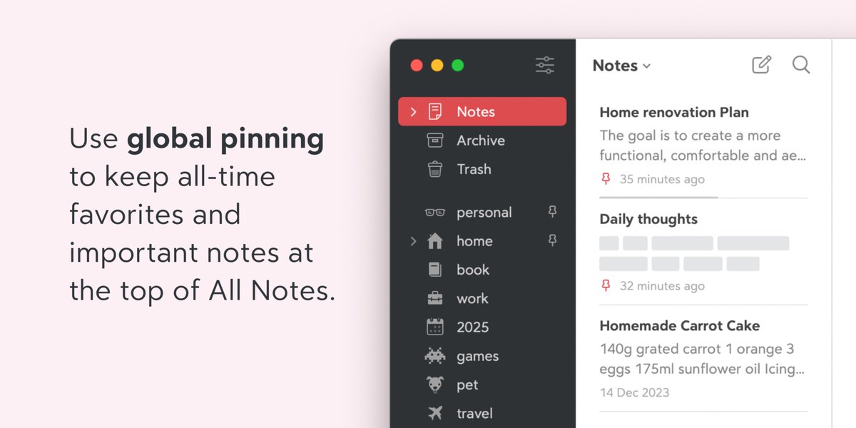 #BearTips New in Bear 🐻✨

Pin notes within a tag to keep your priorities right on top, exactly where they belong. Have you tried?