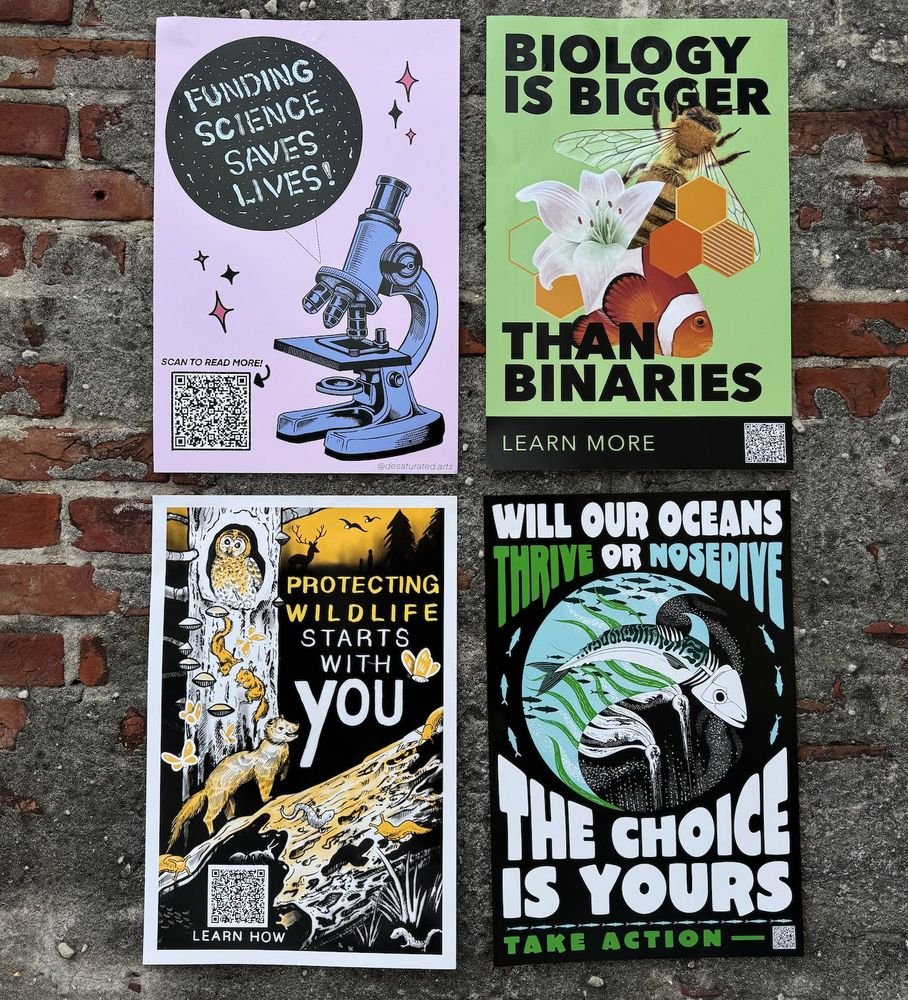 🚨 Cool project alert 🚨

We ALL need to work together to get important science messages out to people.

4 artists &amp; 3 scientists collab'd on these posters. We hope YOU will  put them out in your community. Each comes w/info about each  topic.

Get 'em Squidfacts.bigcartel.com