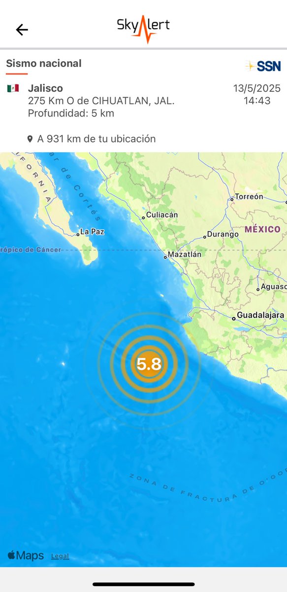 Magnitud final 5.8 (SSN) con epicentro a 275 km de las costas de #Jalisco.

🔸Imperceptible por su lejanía.
🔸Sin peligro de tsunami.