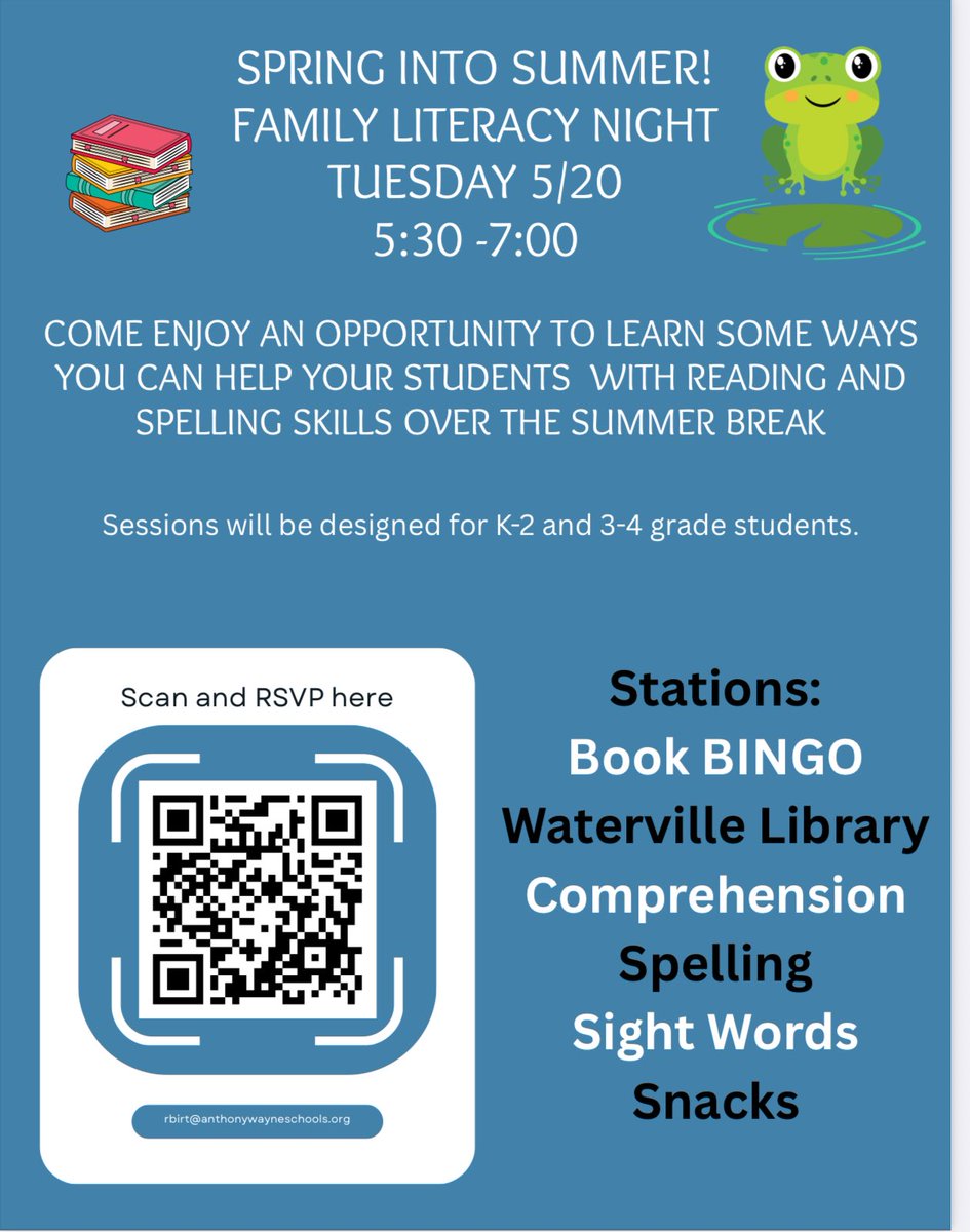 One week away!  Come for a fun night with the family.  Learn how to help your child over the summer.   There will be games, snacks and book 📕 giveaways!