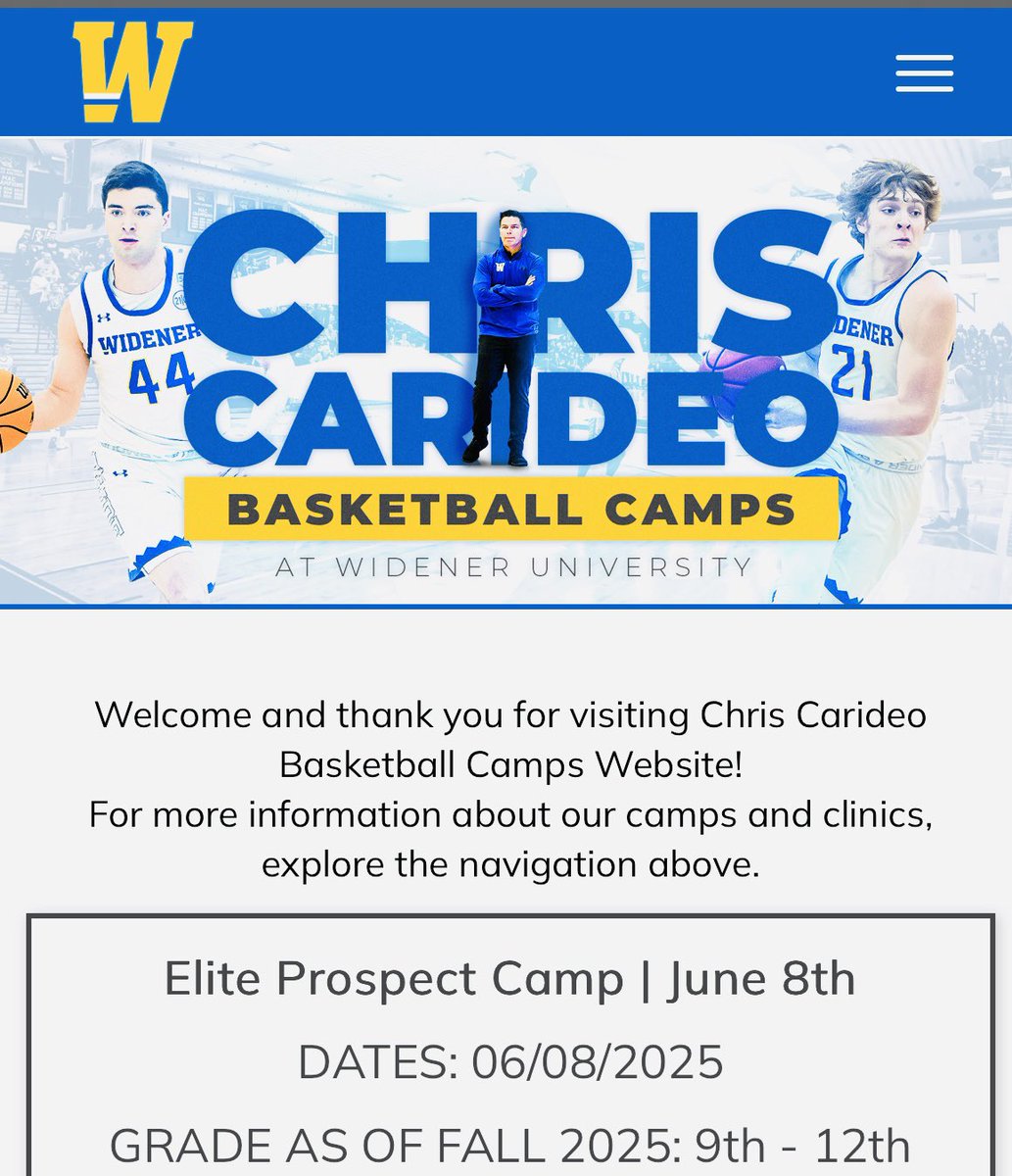 Coach Chris Carideo (@coachcarideowu) on Twitter photo Our <a href="/WidenerMBB/">Widener University MBB</a> Elite Prospect Camp for Sunday, June 8th is filling up! Early registration deadline is in 6 days so 🔐 in your spot and save! If you are a 2026/27/28 HS graduate this is a chance to work with my coaching staff on the floor. Register here: register.ryzer.com/camp.cfm?sport… Our <a href="/WidenerMBB/">Widener University MBB</a> Elite Prospect Camp for Sunday, June 8th is filling up! Early registration deadline is in 6 days so 🔐 in your spot and save! If you are a 2026/27/28 HS graduate this is a chance to work with my coaching staff on the floor. Register here: register.ryzer.com/camp.cfm?sport…