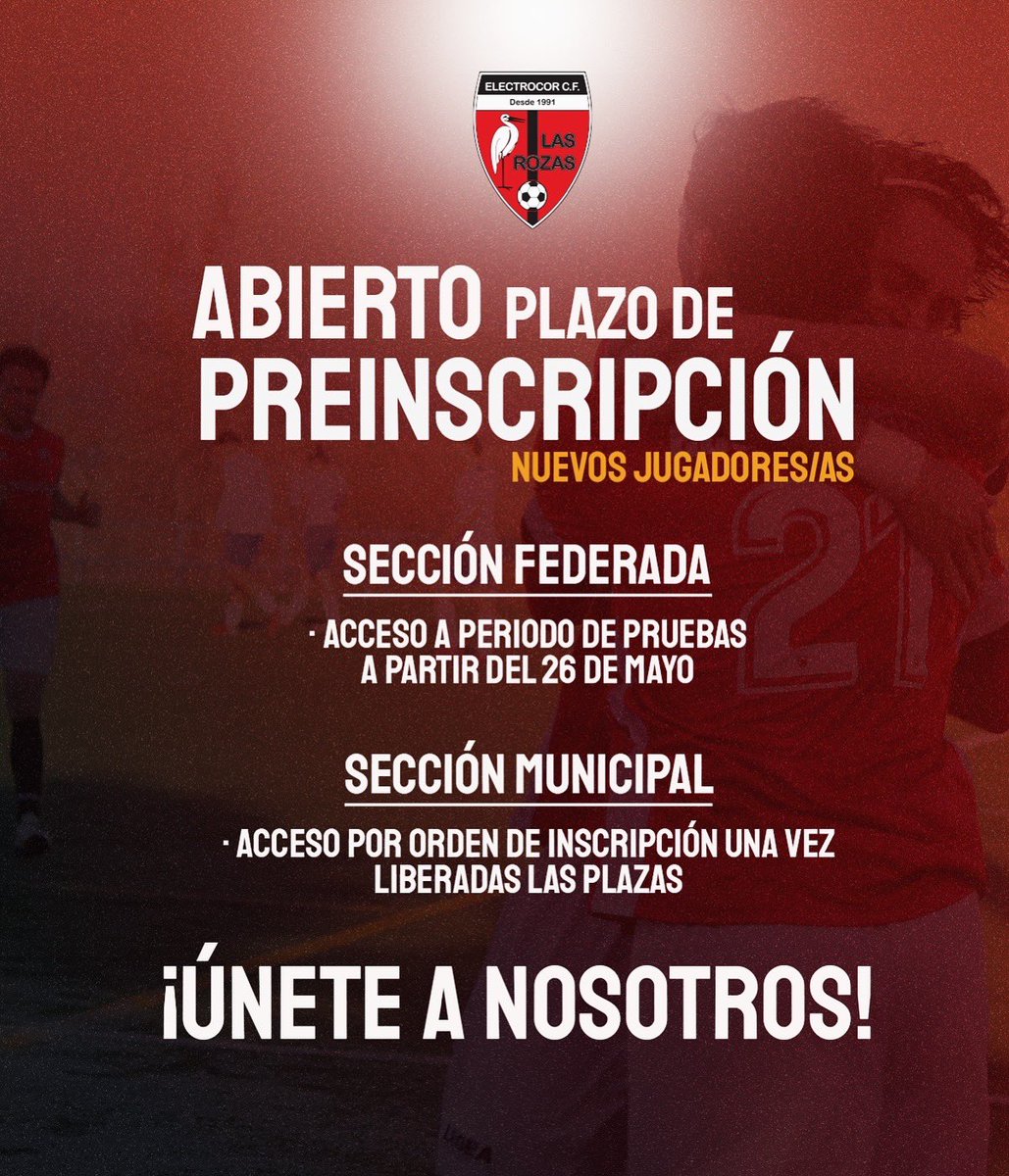 🚨 𝗔𝗕𝗜𝗘𝗥𝗧𝗢 plazo de preinscripción para nuevos jugadores/as en la temporada 2025/26

📲 ¡Rellena el formulario en nuestra Web Oficial y únete a nosotros!

👉 elclasrozascf.es/preinscripcion…

Queremos seguir creciendo, y lo queremos hacer CONTIGO 🫶

🔴⚪️