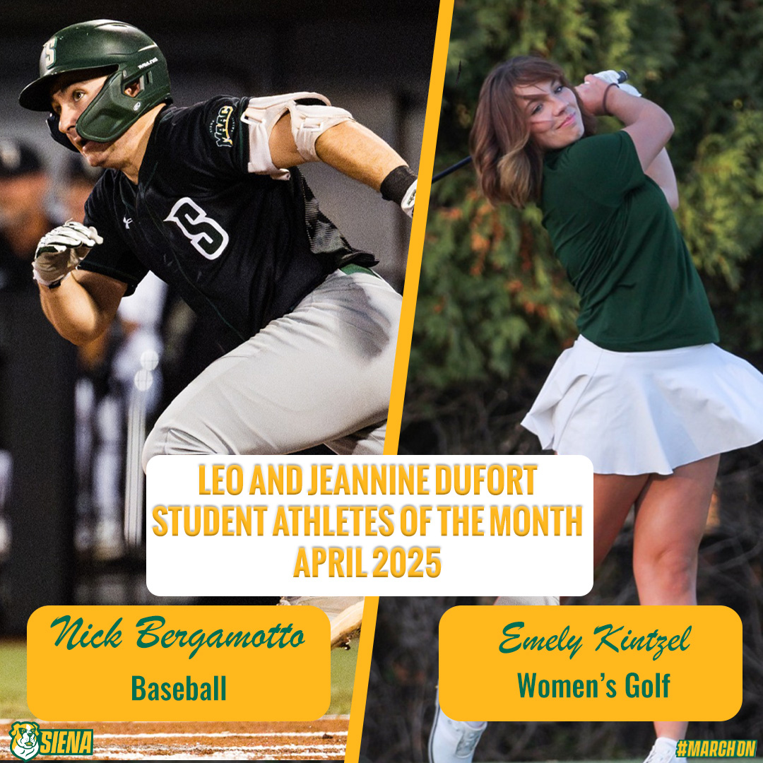 🥍 📚 🧠 #SienaSaints Star Inside the Classroom, On the Links and on the Field

Congratulations to Emely Kintzel and Nick Bergamotto for being named the Leo and Jeannine Dufort Student Athletes of the Month for April 👏

📰 shorturl.at/9t1aA

#MarchOn x #STUDENTAthletes x