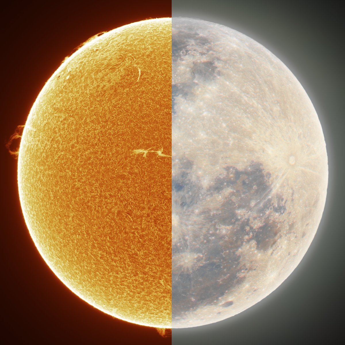 Using two different telescopes in two different states, I captured last night's full moon and blended it with a photo of the sun captured just a few minutes ago. 

These two objects are key to the existence of humans on Earth. Plus they're pretty cool to look at!