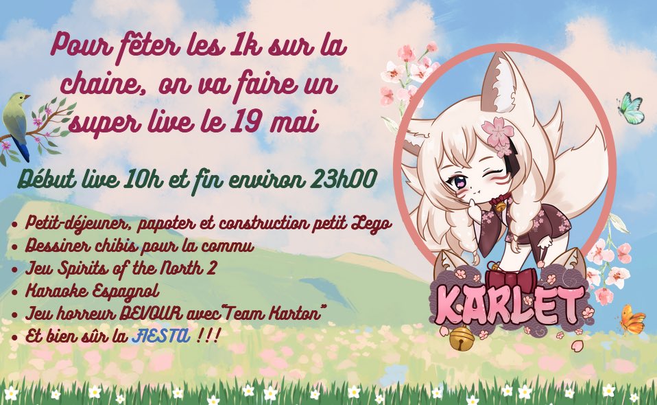 La fiesta arrive bientôt ! 🎉

Les 1k de la chaine à fêter ensemble! 🌸

Rendez-vous sur la chaine : 

twitch.tv/karlet_vt

#Vtubers