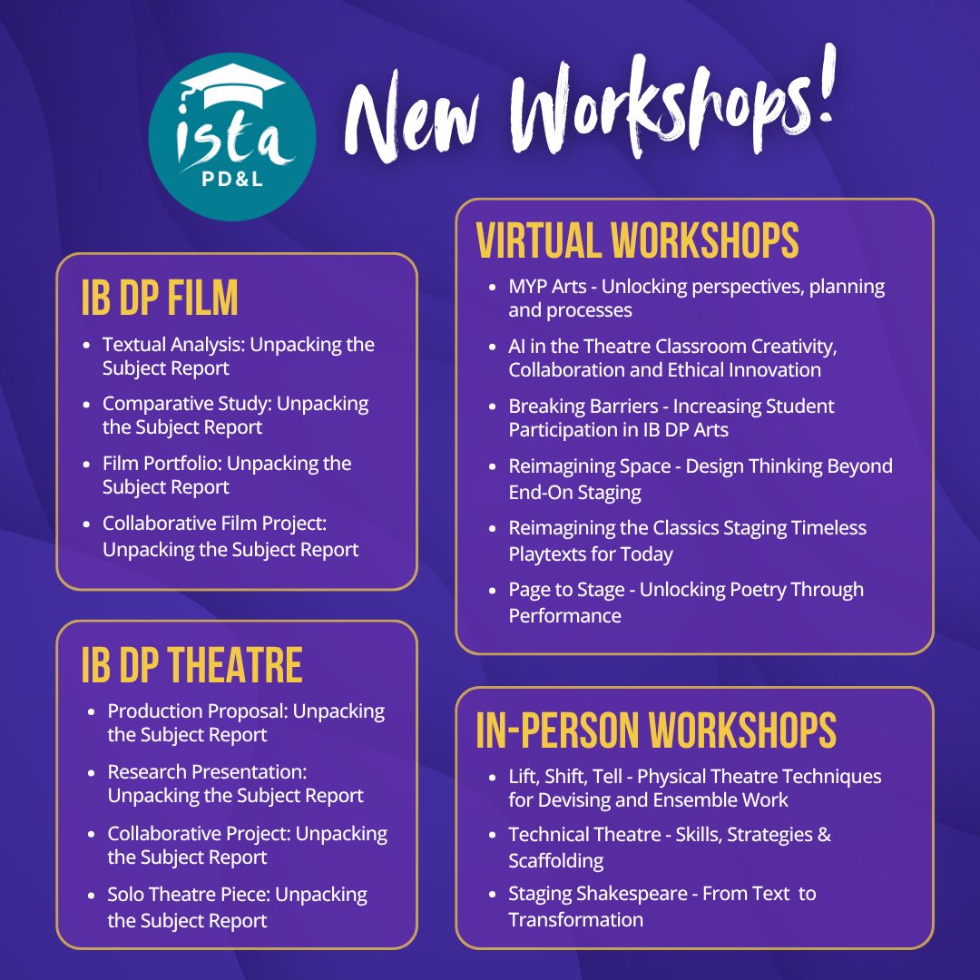 ista_global's tweet image. 🚀 Our new season of ISTA Professional Development & Learning workshops has landed!
Explore the full lineup now 👇
l8r.it/P1gD
#istaglobal #istatheatre #istafilm #ista #globallearning #artseducation #CPD #IBworldschool #ibdp #ibmyp #ibtheatre #ibfilm