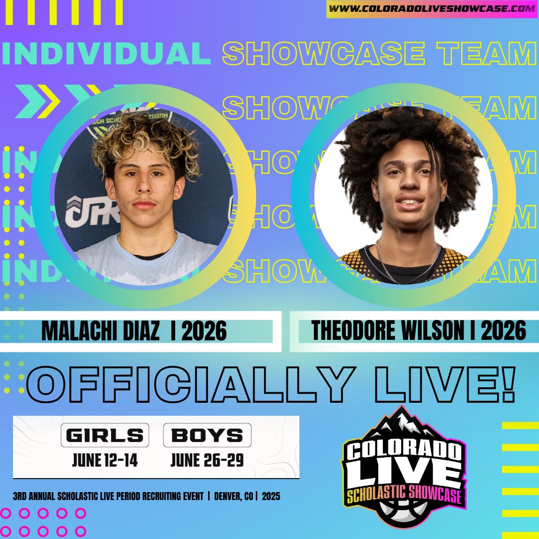 COLORADO LIVE Scholastic Showcase (@coloradolive_ss) on Twitter photo 🚨OFFICIALLY LIVE‼️🏀🏔️
Welcome to the Boys Individual Showcase Team competing on Rocky Mountains Big Stage!!
Malachi Diaz( 2026) <a href="/xjesushealz_7/">Malachi Diaz</a>
Theodore Wilson( 2026)
“Where Future ⭐️’s Make Their Name”
📍 Denver, CO
📆 June 26-29th
💻 ColoradoLiveShowcase.com 🚨OFFICIALLY LIVE‼️🏀🏔️
Welcome to the Boys Individual Showcase Team competing on Rocky Mountains Big Stage!!
Malachi Diaz( 2026) <a href="/xjesushealz_7/">Malachi Diaz</a>
Theodore Wilson( 2026)
“Where Future ⭐️’s Make Their Name”
📍 Denver, CO
📆 June 26-29th
💻 ColoradoLiveShowcase.com