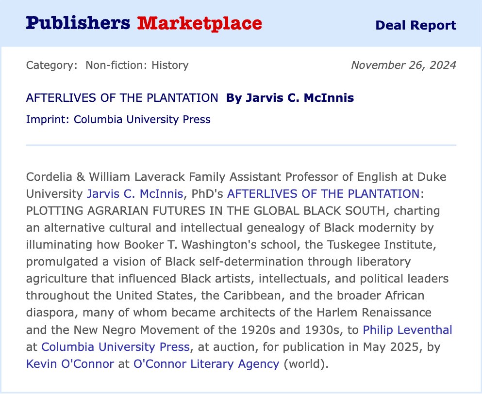 Today's the big day! Happy Pub Day to my first book, AFTERLIVES OF THE PLANTATION! It explores how Booker T. Washington's &amp; George Washington Carver's visions of sustainable agriculture shaped the broader Black diaspora. So thrilled it's officially in the world! Read more below.