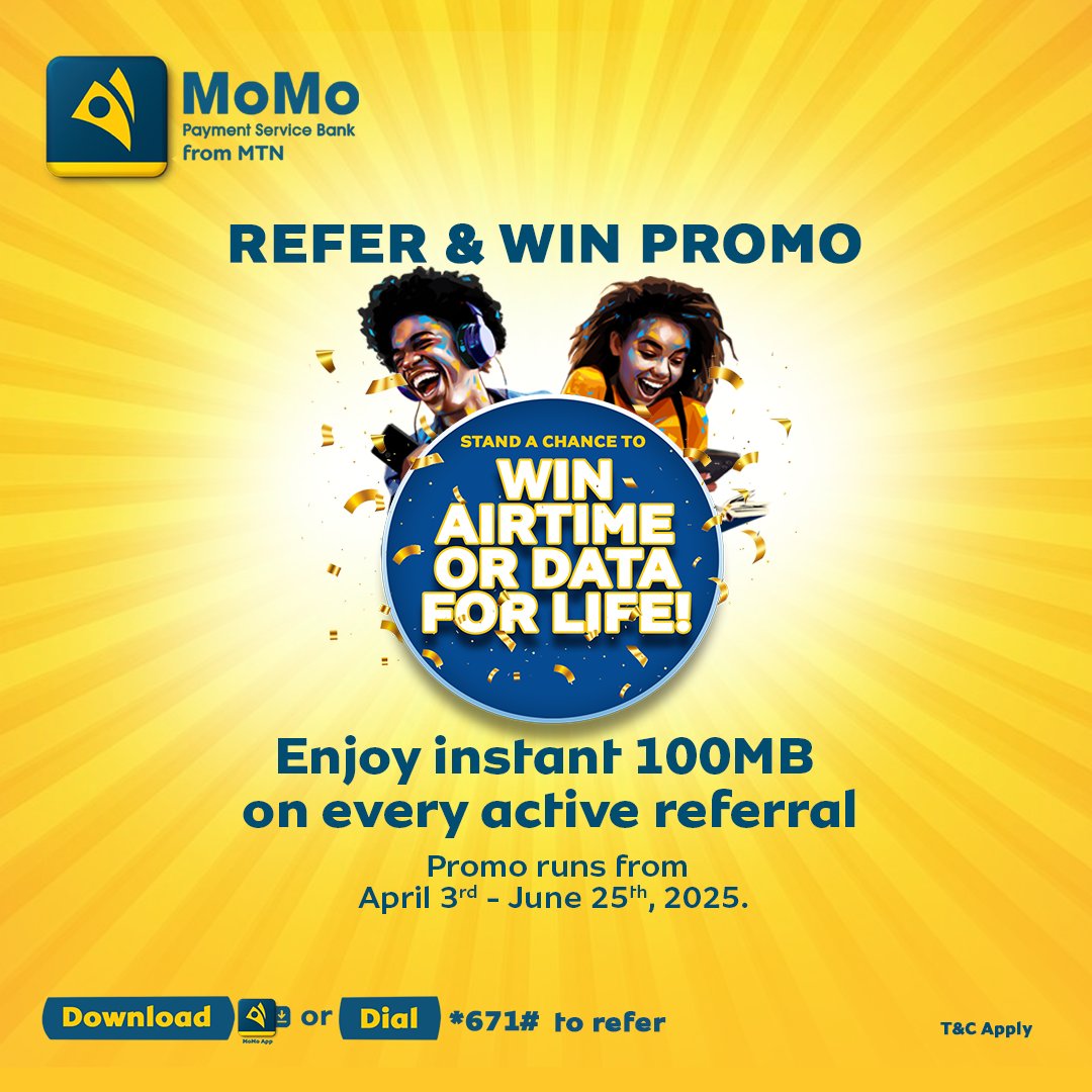 MTNNG's tweet image. Refer your friends and earn FREE data or airtime for life!

Receive 100MB instantly for each friend you refer who completes a transaction.

The more friends you refer, the closer you get to enjoying a lifetime of rewards!

This promotion runs until June 25, 2025.

Download the