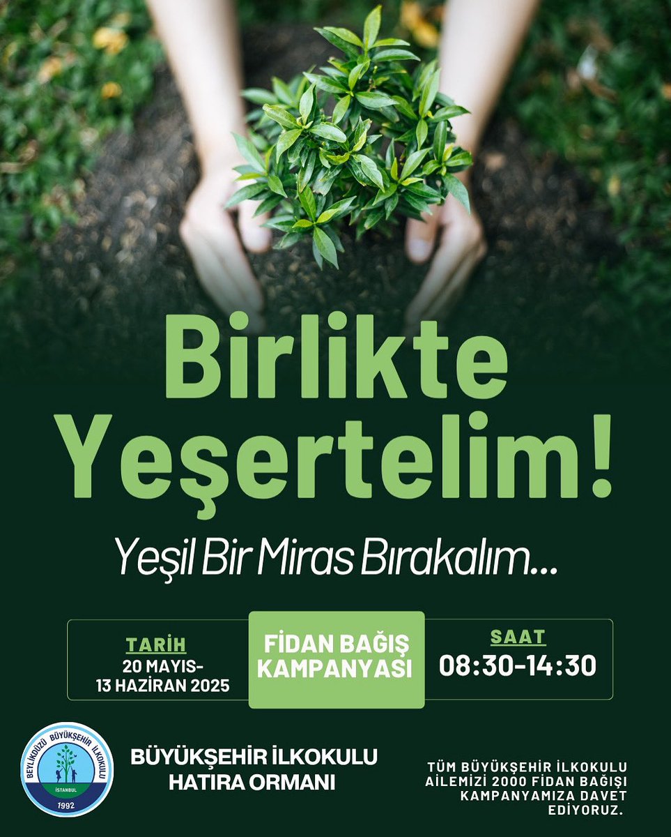 Birlikte geleceğe bol oksijenli yeşil bir miras bırakalım. Büyükşehir İlkokulu Hatıra Ormanına katkı vermek ister misiniz? Detayları sınıf öğretmenlerimiz ve okulumuzun web sitesinden sizlerle paylaşılacaktır. #hatıraormanı