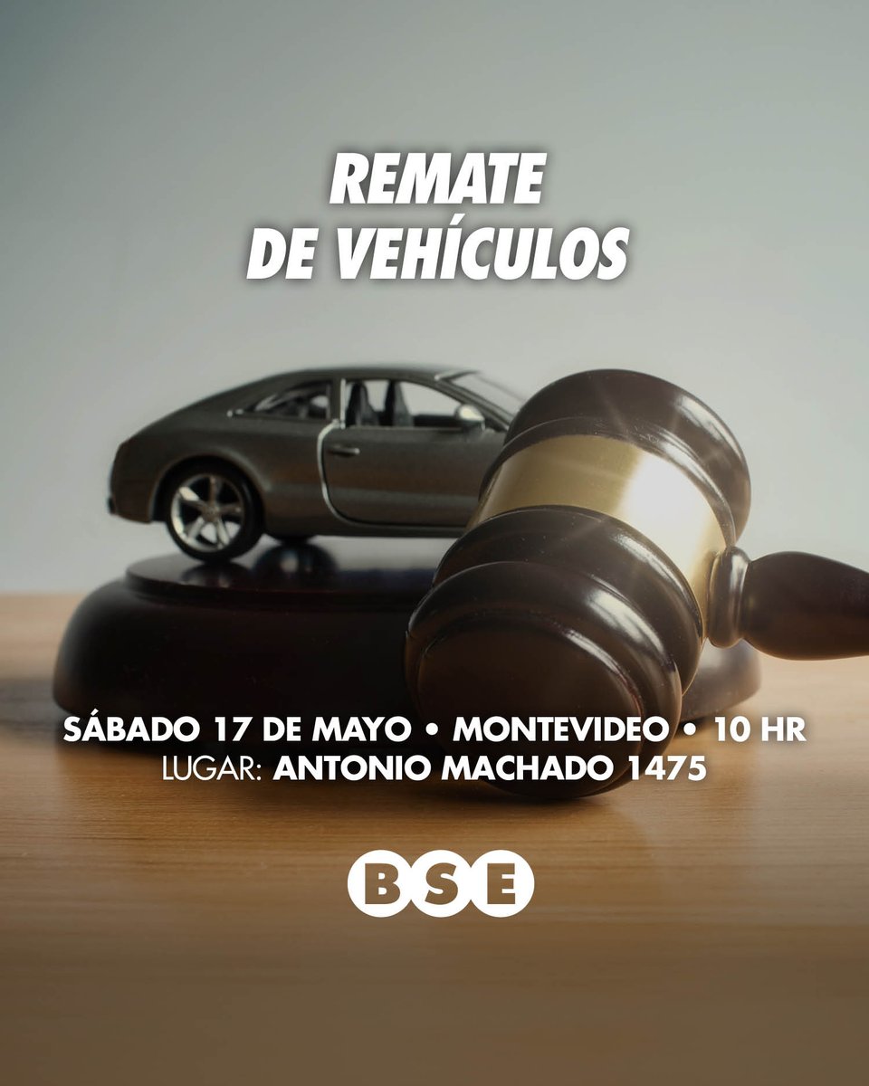 ¡Remate de vehículos! 🚘​

A partir de las 10:00 horas del próximo sábado 17 de mayo, te esperamos en Antonio Machado 1475 para participar del remate de vehículos, repuestos y más.​

Leé las bases y condiciones en nuestra web: bse.com.uy
