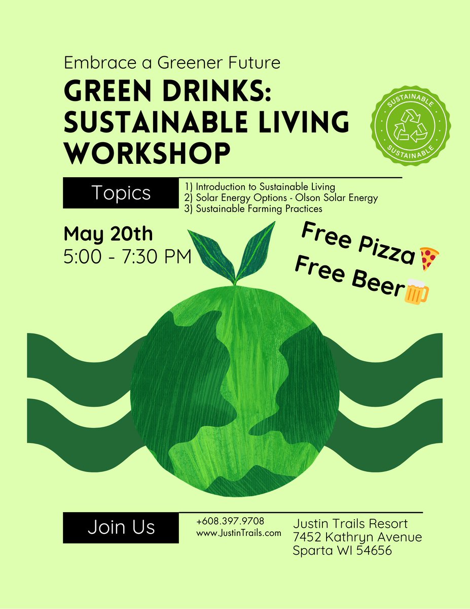 Justin_Trails's tweet photo. Join Us for a Greener Tomorrow! 𝗙𝗿𝗲𝗲 𝗣𝗶𝘇𝘇𝗮 &amp; 𝗙𝗿𝗲𝗲 𝗕𝗲𝗲𝗿.
Tuesday May 20th from 5:00 - 7:30 PM Discover how to maximize your land's potential and embrace sustainable living at the Sustainable Living Workshop hosted at Justin Trails Resort. https://t.co/HSNWkC8iA7