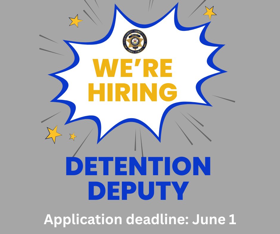 COME JOIN OUR TEAM AS A DETENTION DEPUTY
We are now hiring. Candidates must be at least 21 yrs old. Work involves maintaining the security of the Pueblo County Detention Center. 
Application deadline is June 1. 
More on the job at pueblosheriff.com/DocumentCenter…