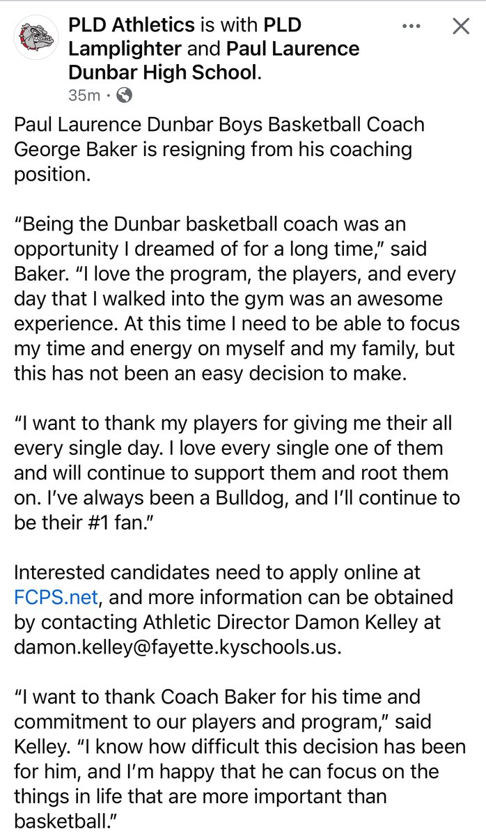 Paul Laurence Dunbar <a href="/PLDAthletics/">PLD Athletics</a> has announced on other social media channels that boys basketball coach George Baker has stepped down after one season. Best wishes to Coach Baker going forward.