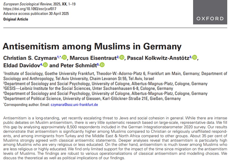 ESR (@esr_news) on Twitter photo ✨New study out!
How widespread is antisemitism today?
Find out in which social categories antisemitism is more common -and what roles religion and time since migration play- in the new study by #C_Czymara <a href="/M_Eisentraut/">Marcus Eisentraut</a> <a href="/p_ashalis/">Pascal Kolkwitz-Anstötz</a> & colleagues at:
➡doi.org/10.1093/esr/jc… ✨New study out!
How widespread is antisemitism today?
Find out in which social categories antisemitism is more common -and what roles religion and time since migration play- in the new study by #C_Czymara <a href="/M_Eisentraut/">Marcus Eisentraut</a> <a href="/p_ashalis/">Pascal Kolkwitz-Anstötz</a> & colleagues at:
➡doi.org/10.1093/esr/jc…