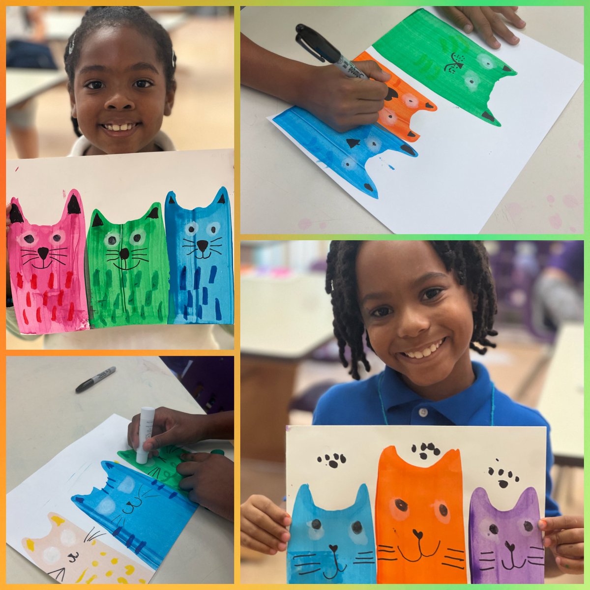 Purrfection in every swipe! 🐱 🎨
<a href="/ElbridgeGaleES/">Elbridge Gale Elem</a> students used the squeegee painting technique to create the most claw-some cat art! Talk about a meowsterpiece! 🐈‍⬛ 🐈