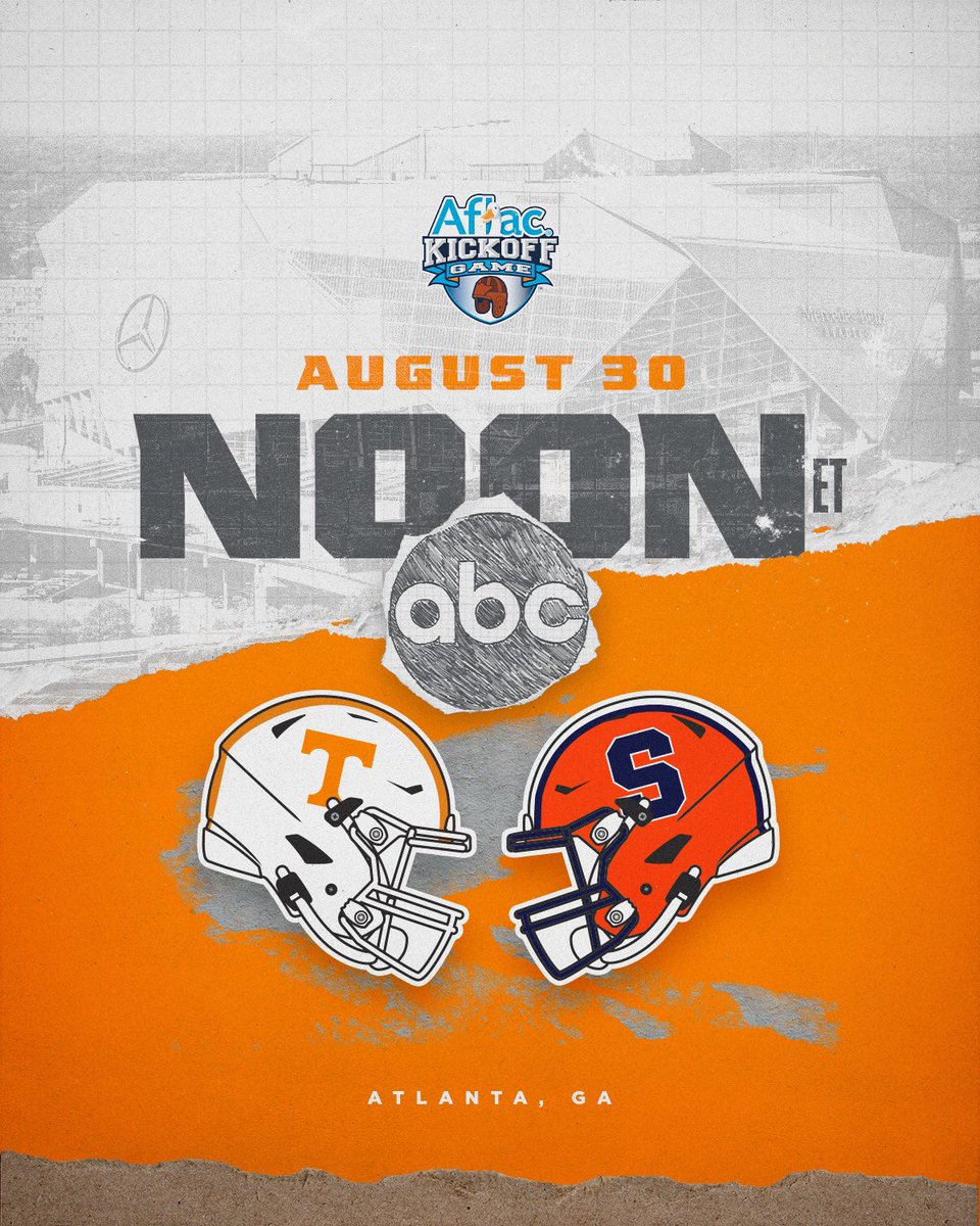 Tennessee Football (@vol_football) on Twitter photo π¨ Game time set for the <a href="/AflacKickoff/">Aflac Kickoff Game</a> Game
vs Syracuse
ποΈ August 30
βοΈ 12:00 p.m. ET
πΊ ABC
πAtlanta, GA π¨ Game time set for the <a href="/AflacKickoff/">Aflac Kickoff Game</a> Game
vs Syracuse
ποΈ August 30
βοΈ 12:00 p.m. ET
πΊ ABC
πAtlanta, GA