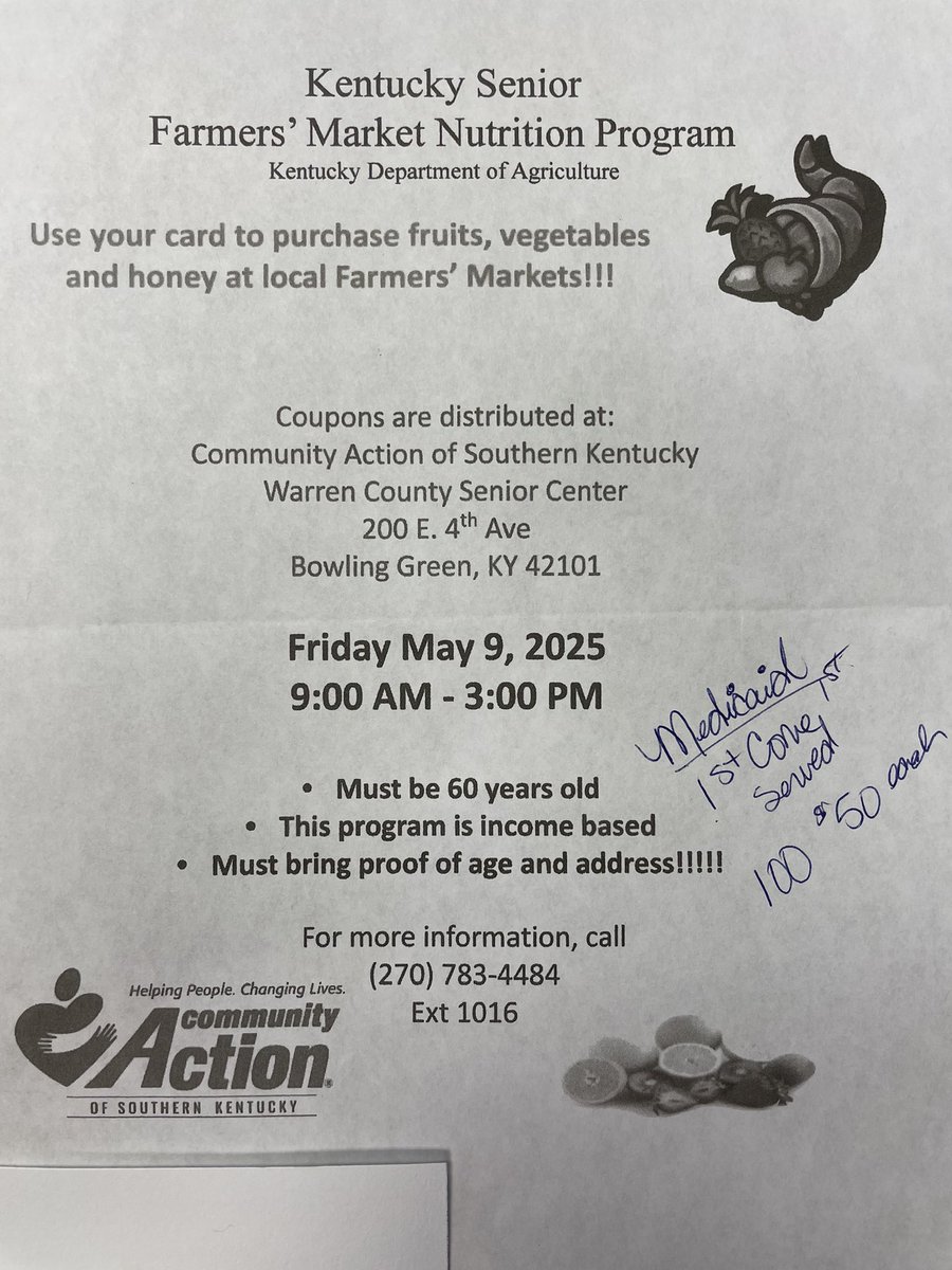 Medicaid Eligible Seniors, pick up your KY Senior Farmer’s Market Nutrition Program Card this Friday, May 9th. 1st come, 1st served!