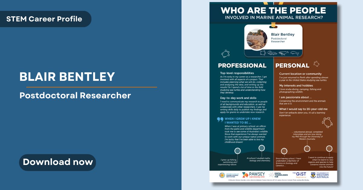 Meet Dr Sabrina Fossette and Blair Bentley, marine researchers working with turtles! 🐢 Discover their journeys and passions in our STEM Career Profile poster series. Find out more and download: digitaltechnologieshub.edu.au/teach-and-asse…