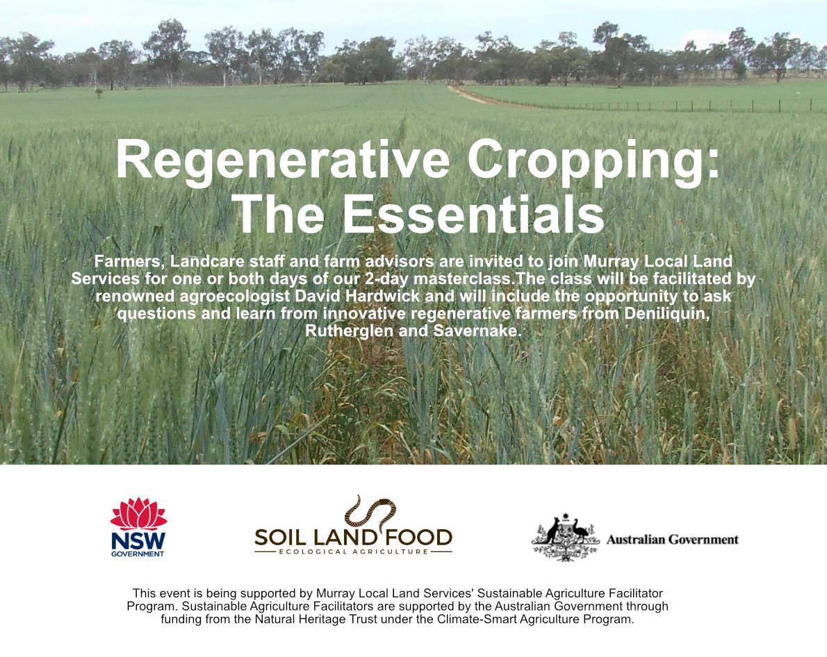Hosted by Murray Local Land Services and led by David Hardwick from Soil Land Food, the masterclass is open for farmers, farm advisors and other local Landcare staff. 

21-22 May 2025, Howlong NSW. RSVP here: loom.ly/HdbQBmo 

@Local Land Services NSW