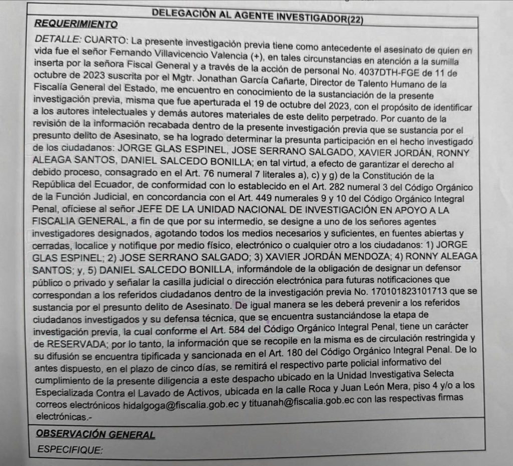 janethinostroza's tweet image. Atención 🚨🚨 

Miembros de la RC están llamados a declarar, en la investigación por el crimen de Fernando Villavicencio. 

Jorge Glas, José Serrano, Ronny Aleaga, Javier Jordán y Daniel Salcedo fueron llamados por el Fiscal a cargo de la investigación previa abierta el pasado 19