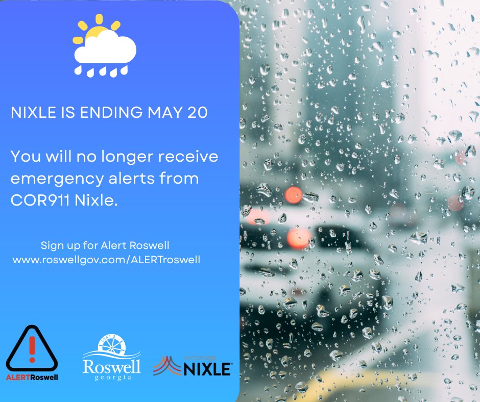 After May 20, the Nixle alert system will no longer be active. To continue getting critical notifications, you must subscribe to our new system, Alert Roswell. Sign up today at
roswellgov.com/AlertRoswell

#RoswellGA #AlertRoswell #FALCON #EmergencyAlerts  #RoswellSafety