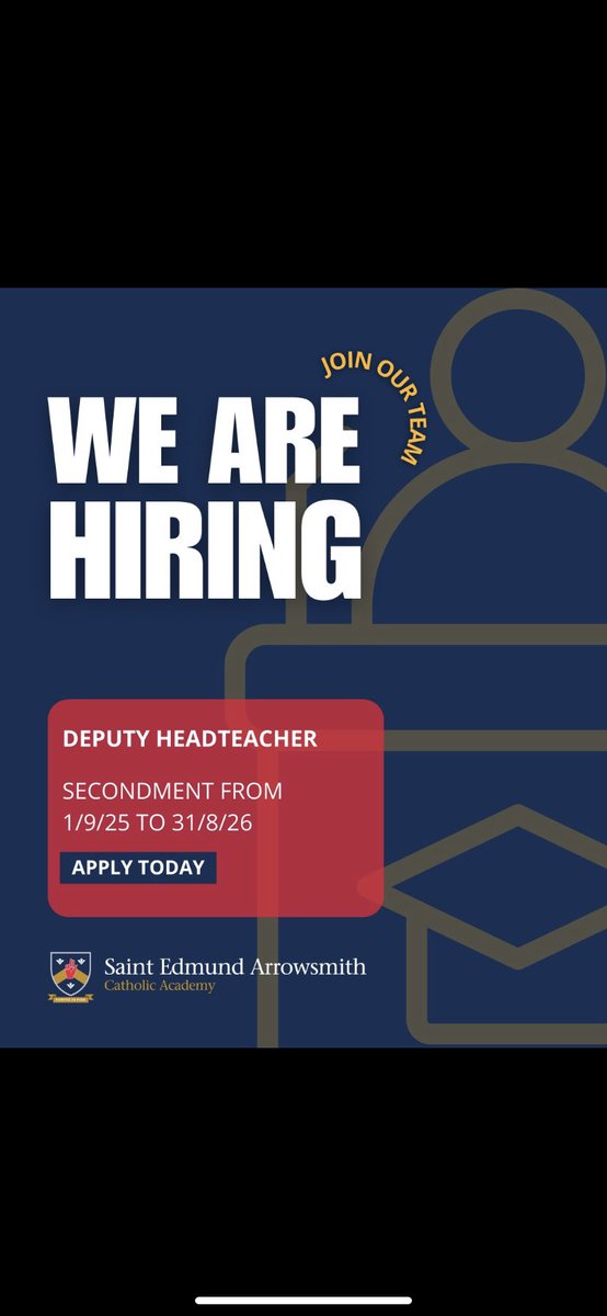 Saint Edmund Arrowsmith Catholic Academy (@seacacademy) on Twitter photo 👀We are hiring a Deputy Headteacher on secondment from 1st September to 31st August 2026.
We would be happy to discuss this role with you, or set up a tour of our school - louise.jones@pfcmat.org
Apply before 12pm, Tuesday 20th May:
stedmundarrows.greenhousecms.co.uk/Vacancies/
#EducationCareers 👀We are hiring a Deputy Headteacher on secondment from 1st September to 31st August 2026.
We would be happy to discuss this role with you, or set up a tour of our school - louise.jones@pfcmat.org
Apply before 12pm, Tuesday 20th May:
stedmundarrows.greenhousecms.co.uk/Vacancies/
#EducationCareers