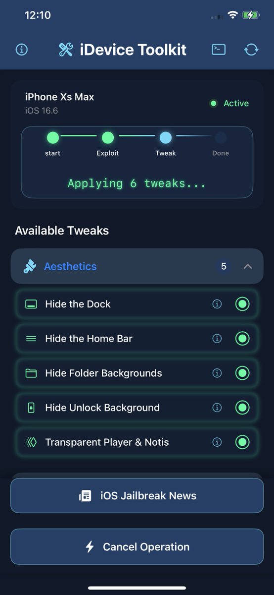 FCE365's tweet photo. UPDATE! iDevice ToolKit v1.2.0 is now out! 

Changes:
 - I added a Terminal button on the top-right corner which opens a LOGS view. If something doesn't work you can send me screenshots of the logs so I can fix it.
- Fixed the exploit to no longer crash the app if tweaks fail.
- Fixed some bugs.

iDevice ToolKit is an iOS 16.0 - 18.3.2 tweaking / customization app based on Ian Beer's CVE-2025-24203 exploit! All Devices.    This app enables system-level tweaks without a jailbreak, and works on all devices. More tweaks to be added.