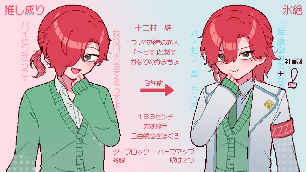 かわいい後輩（男）『十二村結』の2つの姿を、同じ絵柄＆自由な色で