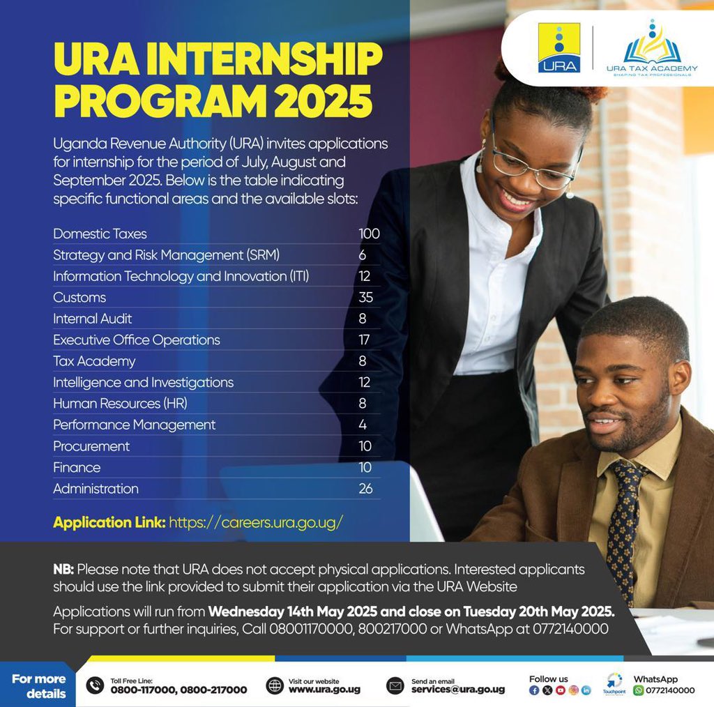 At exactly midnight, 256 internship opportunities have opened up for 256 undergraduate students in Uganda accross various disciplines. 

Share with your nephews, nieces, lil bros, lil sisters, lil cousins. 

Their destiny might be with the Taxman. 

Here’s the link