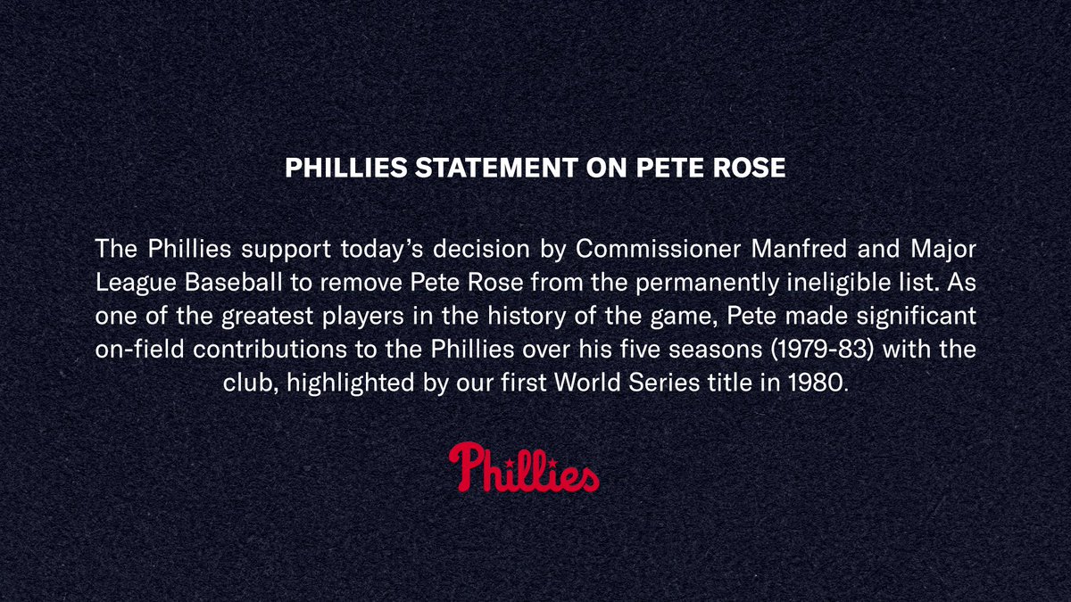 The Phillies issued the following statement today regarding Pete Rose.