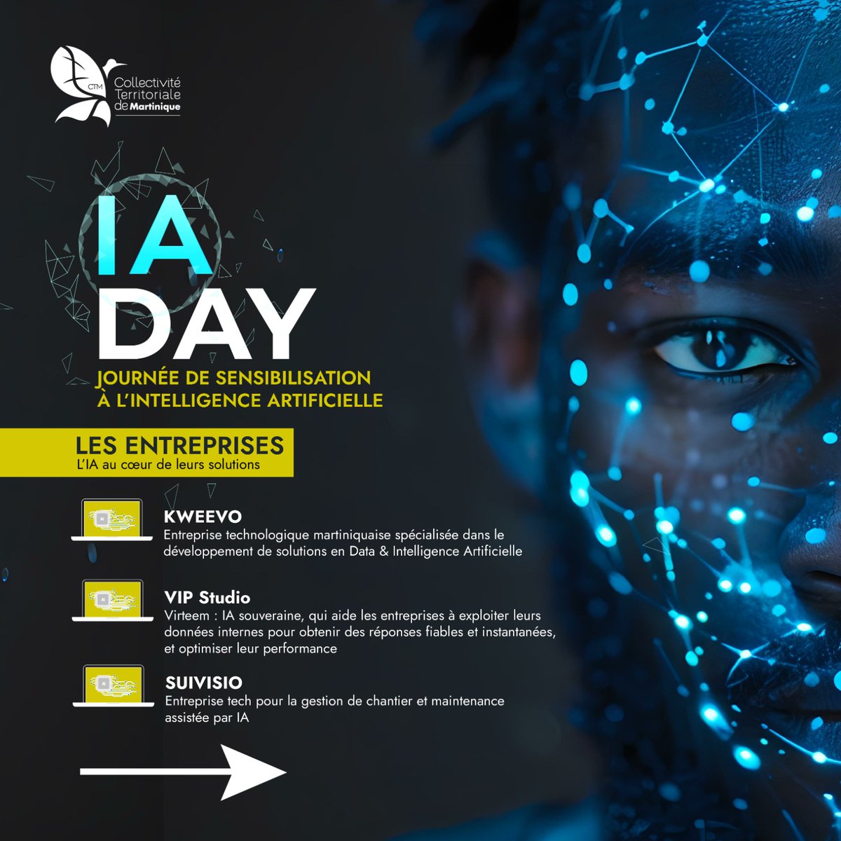CTM_Martinique's tweet photo. 📣 IA DAY – Journée de sensibilisation à l’Intelligence Artificielle en Martinique
🗓️ Jeudi 15 mai 2025
📍 Hôtel de la CTM – Cluny
⏰ De 9h à 13h – Entrée gratuite
#IAday #Martinique #IntelligenceArtificielle #Innovation #EntreprisesLocales #CTM #Numérique #TransformationDigitale https://t.co/xKkAmcgNqT