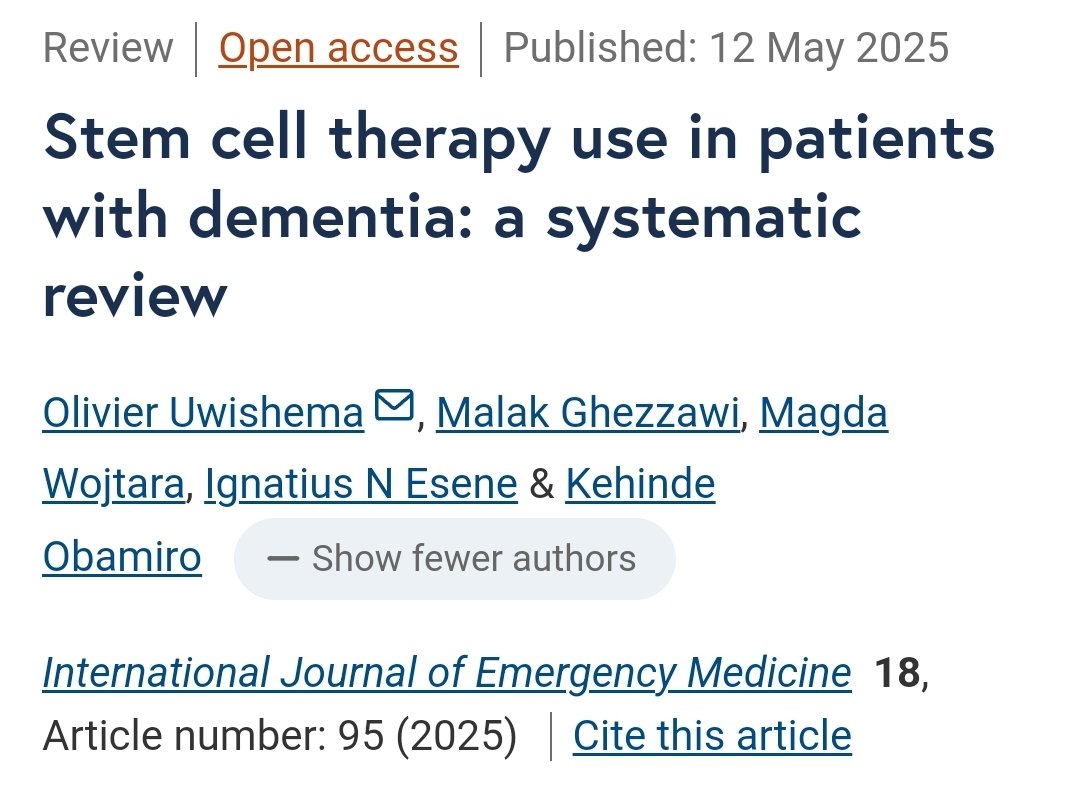❗️ #New_Publication 
#Stem_Cell_Therapy in #Dementia
Link: intjem.biomedcentral.com/articles/10.11…