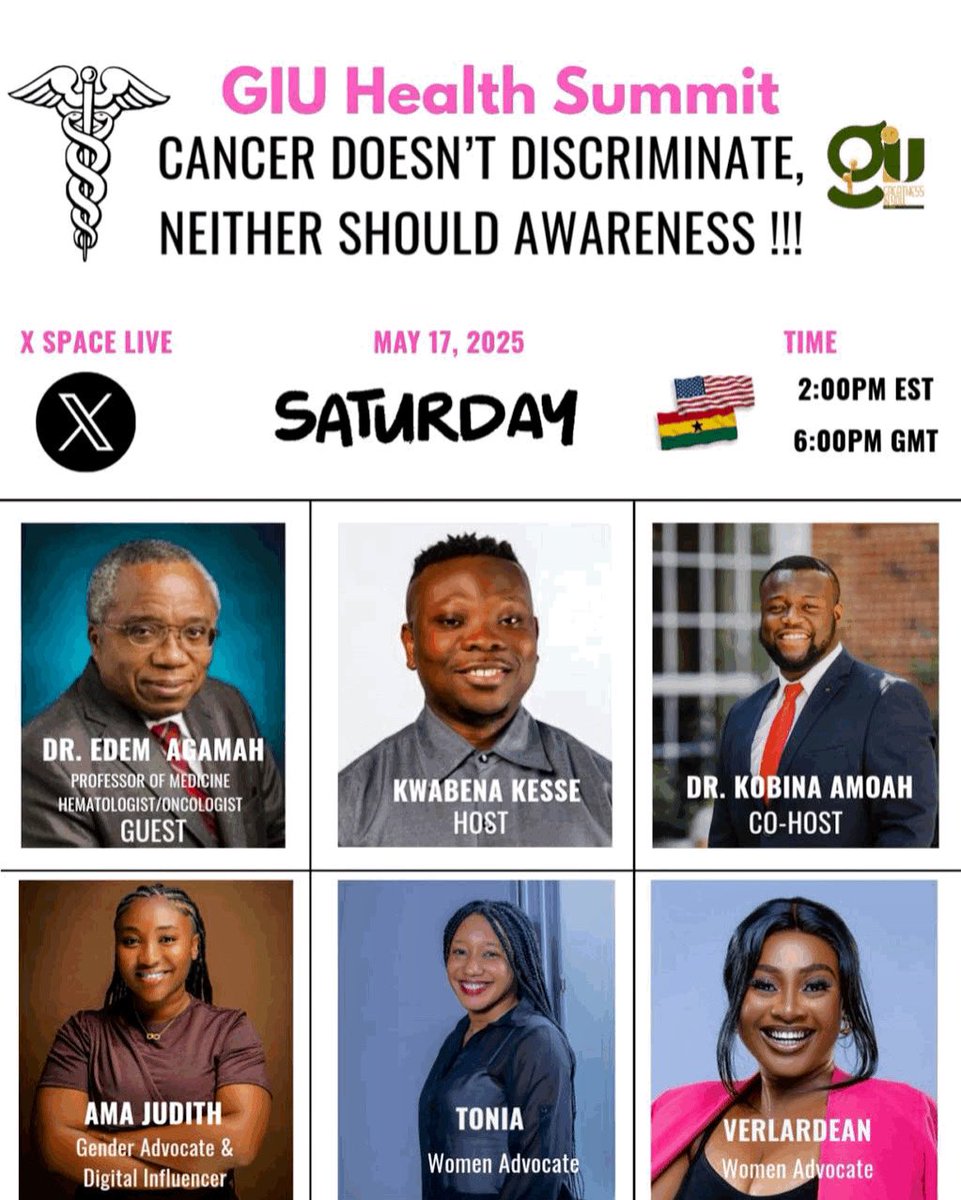 📢 You're Invited! Join Us for the <a href="/Greatness_GIU/">GreatnessInYou_GIU</a> Seminar on Cancer! 🎗️

Get ready to engage in an enlightening discussion on cancer with the esteemed Dr. Agamah! 📅 Date: May 17th 🕒 Time: 2 PM (EST) 📍 Where: Live on X/Twitter