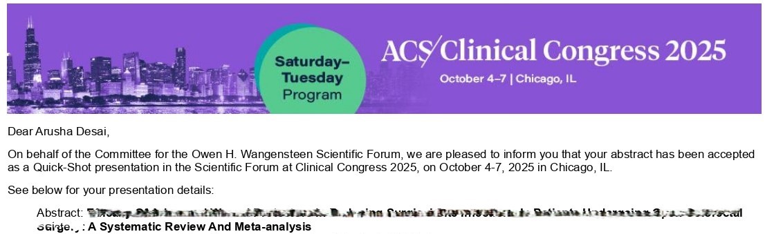Arusha Desai (@desaiarusha) on Twitter photo Thrilled to share that our abstract has been accepted for presentation at the <a href="/AmCollSurgeons/">American College of Surgeons</a> conference 2025. Thanks to all my fellow authors. Grateful to Prof <a href="/RCardoso_MD/">Rhanderson Cardoso</a> for his kind guidance.
#ACS25
#colorectal_surgery
#surgical_site_infection
#ACS Thrilled to share that our abstract has been accepted for presentation at the <a href="/AmCollSurgeons/">American College of Surgeons</a> conference 2025. Thanks to all my fellow authors. Grateful to Prof <a href="/RCardoso_MD/">Rhanderson Cardoso</a> for his kind guidance.
#ACS25
#colorectal_surgery
#surgical_site_infection
#ACS