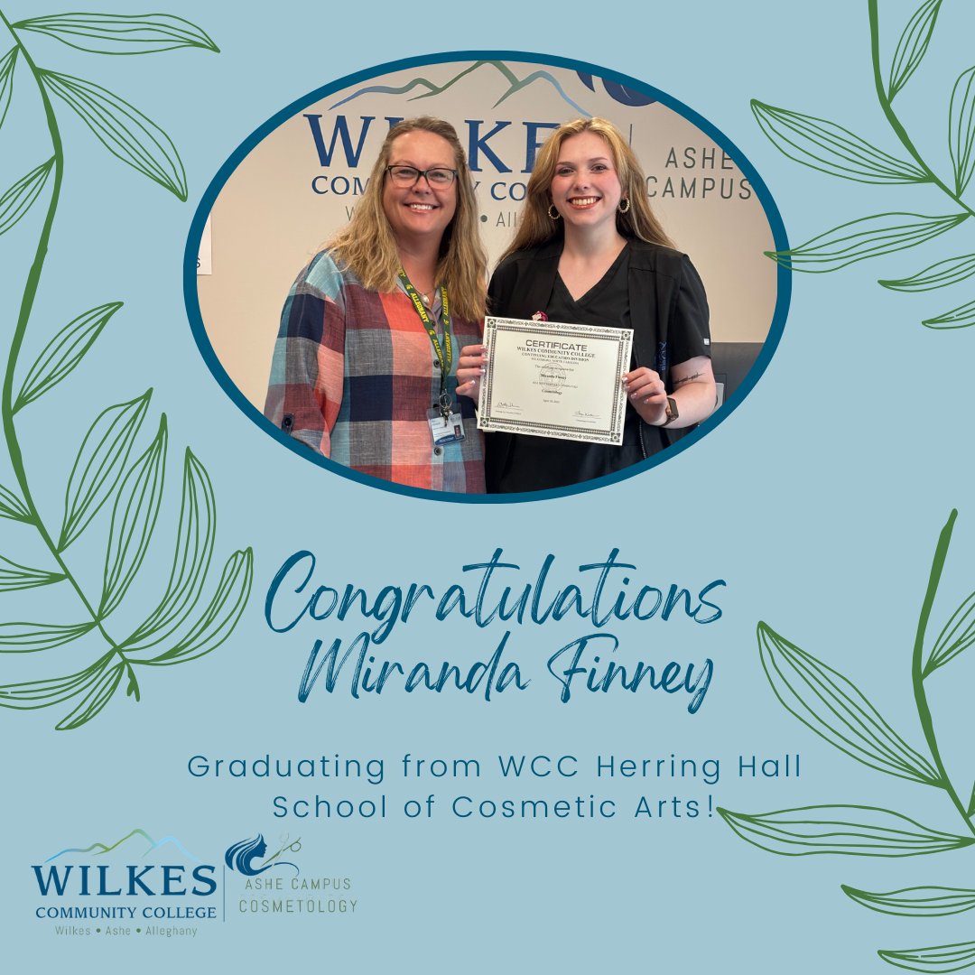 Congratulations to Miranda Finney on her graduation from WCC Ashe Campus School of Cosmetic Arts.

Pictured left to right
Kari Johnson, Instructor
Miranda Finney