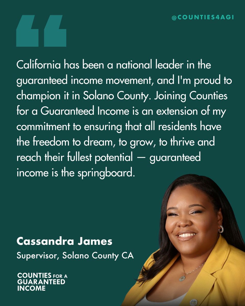 Exciting week: Solano County Supervisor <a href="/cassandracrj/">Cassandra James</a> brings us to 5⃣0⃣ county officials and over 2⃣5⃣0⃣ elected officials in the <a href="/mayorsforagi/">Mayors for a Guaranteed Income</a>, <a href="/CountiesforAGI/">Counties for a Guaranteed Income</a>, and Legislators for a Guaranteed Income network!