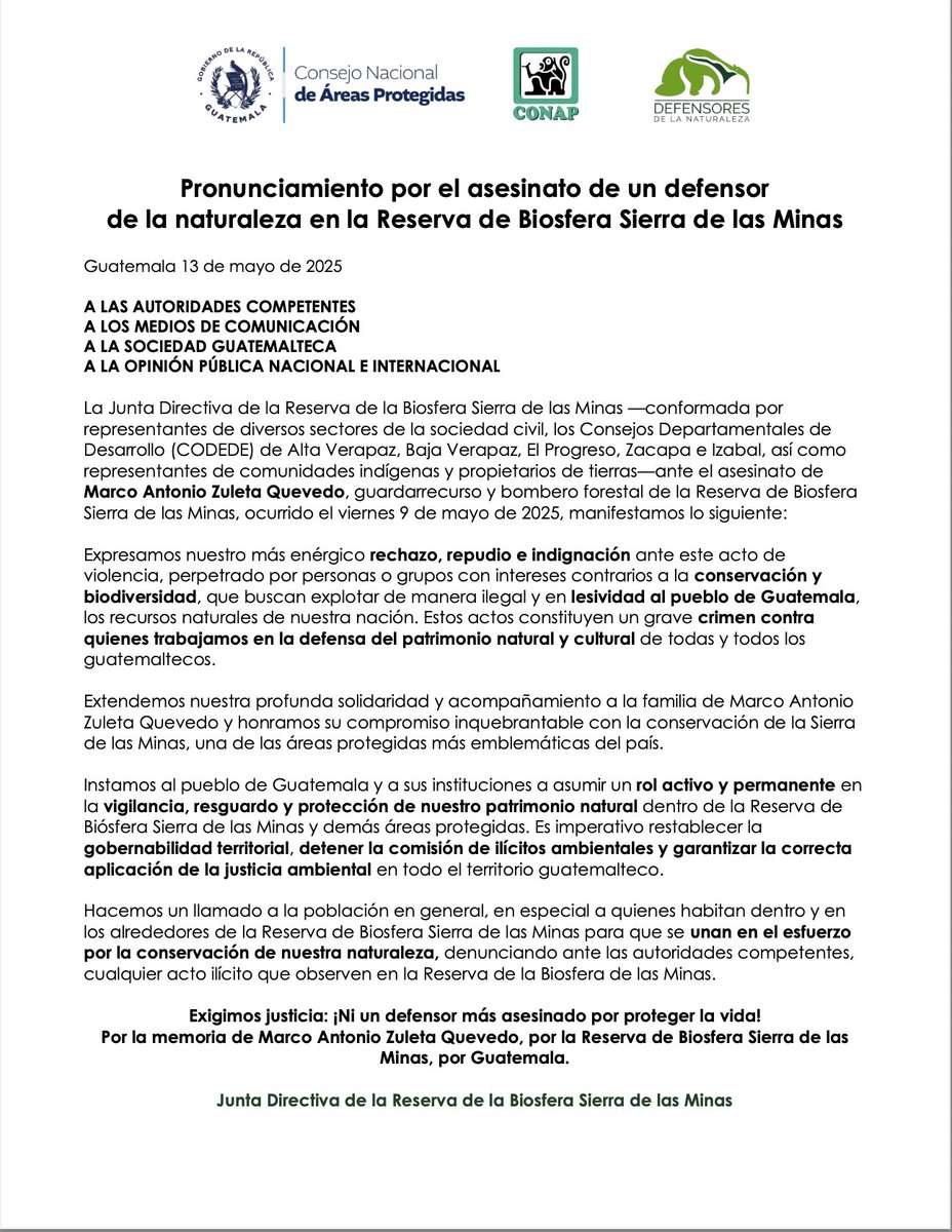 Solicitamos al Estado de Guatemala garantice la protección de nuestros defensoras y defensores y frenar los ilícitos ambientales. ¡Ni un defensor más por proteger la vida! #NiUnDefensorMenos

<a href="/CONAPgt/">CONAP</a>