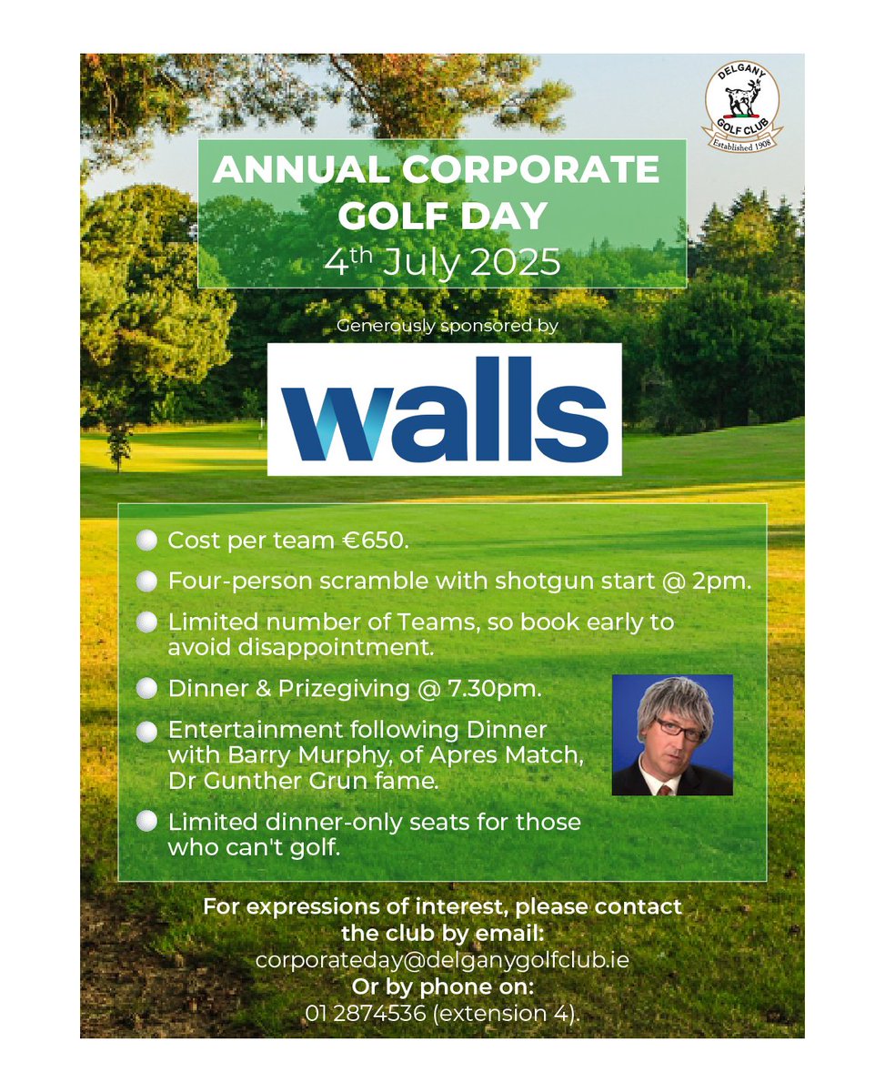 Corporate Day 2025 on Indepedence Day is nearly full,if you and your friends would like a fun day of golf, a quality dinner and hilarious entertainment apres math with Dr Gunther, then contact us straight away...