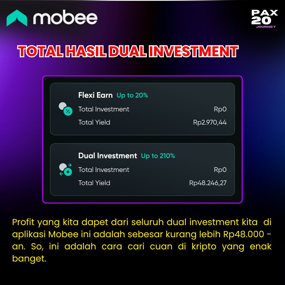 Pax20Journey's tweet photo. Update Strategi Dual Investment Mobee #1.

Hari ini 13 Mei, kita open posisi dual investment di Exchange Crypto @mobee_id. So, kita dapet APR yang lumayan hari ini. Ya lumayan buat digulung lagi profitnya.

#pax20journey #mobee #crypto #dualinvestment https://t.co/E0fnz996F7
