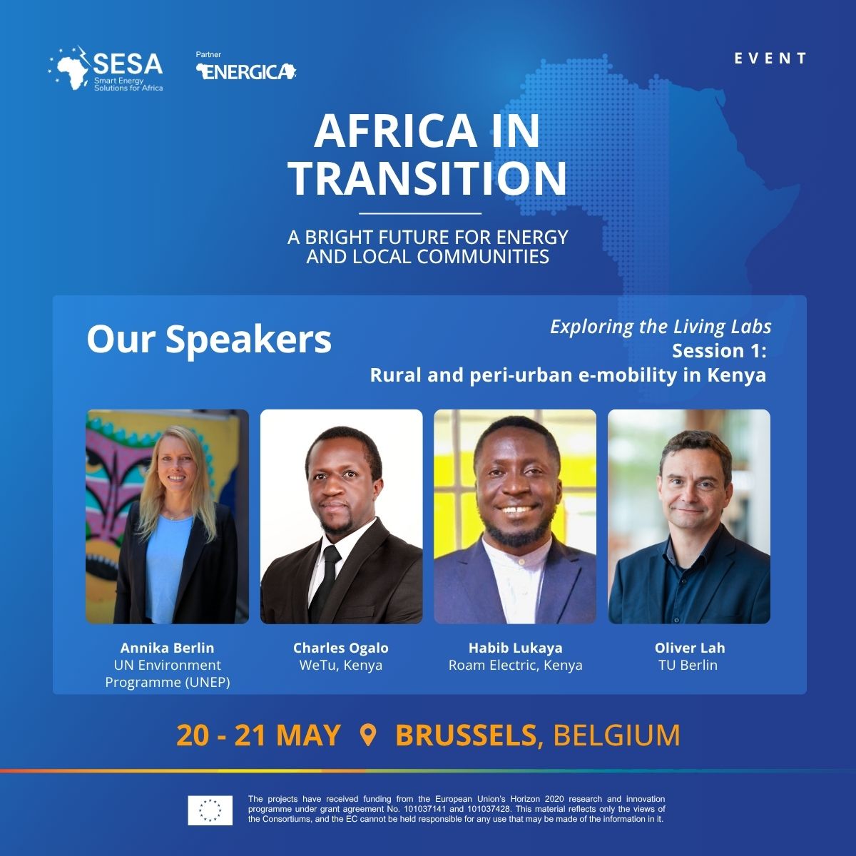 SESA Project (@sesa_project) on Twitter photo π¨ 1 week until our in-person event, "Africa in Transition" in Brussels π§πͺ
Meet the speakers of Exploring the Living Labs - Technologies in focus in SESA and ENERGICA
π Session 1: Rural and peri-urban e-mobility in Kenya
With <a href="/energica_h2020/">ENERGICA H2020</a>
π f6s.com/sesa-energica-β¦ π¨ 1 week until our in-person event, "Africa in Transition" in Brussels π§πͺ
Meet the speakers of Exploring the Living Labs - Technologies in focus in SESA and ENERGICA
π Session 1: Rural and peri-urban e-mobility in Kenya
With <a href="/energica_h2020/">ENERGICA H2020</a>
π f6s.com/sesa-energica-β¦