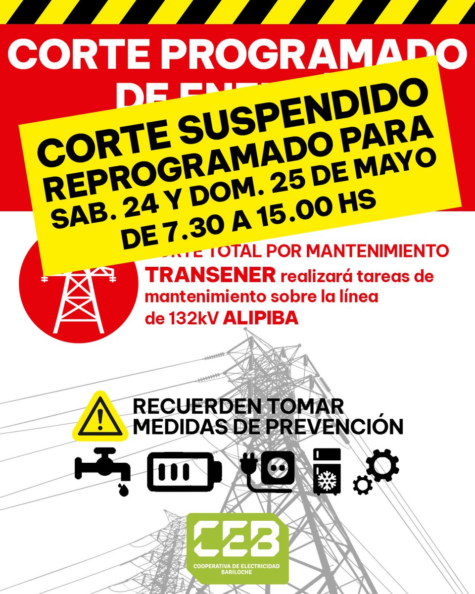 Transener suspendió y reprogramó el corte general de energía

El corte tendrá lugar el siguiente fin de semana, los días sábado 24 y domingo 25 de mayo en el horario de 07.30 a 15 horas.