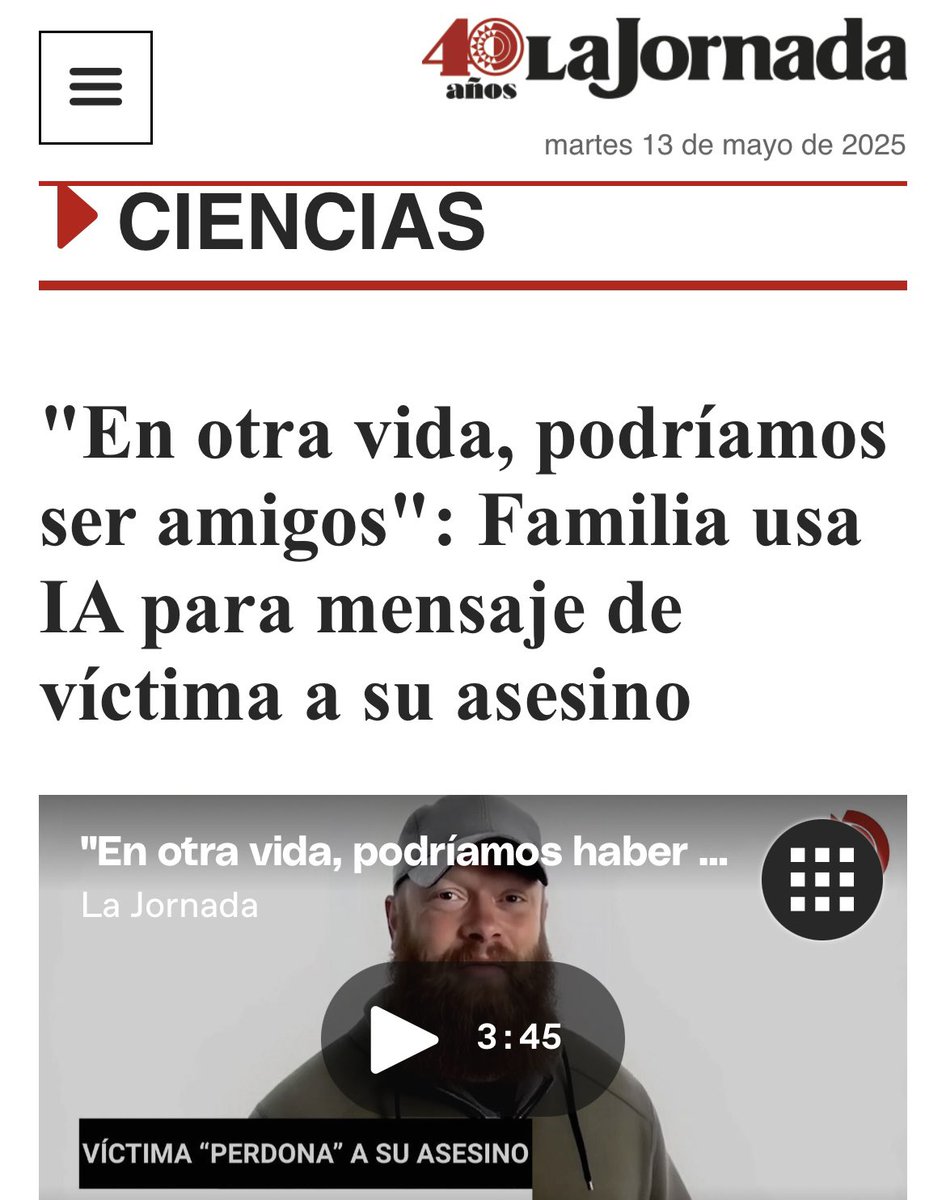 Christopher Pelkey que murió hace 4 años en un tiroteo, apareció en vídeo generado por inteligencia artificial (IA) en un tribunal de Arizona y es el primer uso de IA para entregar una declaración de impacto en la historia judicial de Arizona. 
jornada.com.mx/noticia/2025/0…