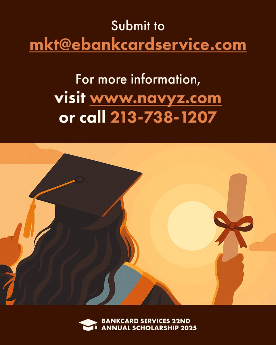 FINAL WEEK 📢

This is the LAST WEEK to apply for our Annual Scholarship Award! Don't miss out on this opportunity! ✨

🔔 Make sure to submit to mkt@ebankcardservice.com by May 16th, 2025! 
#NAVYZ #BankCardServices #Annual #Scholarship #Award