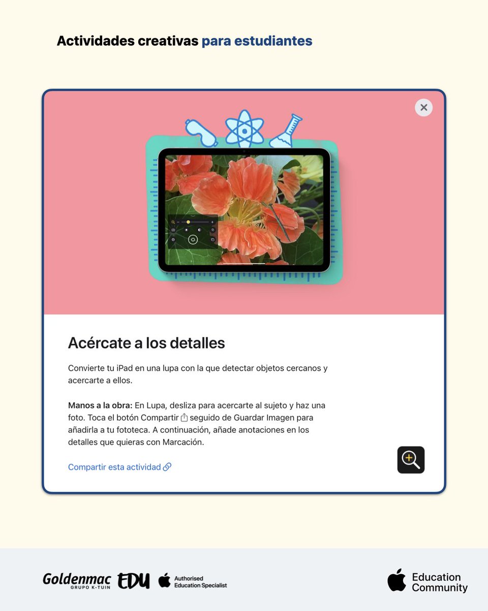 GoldenmacEDU (@goldenmacedu) on Twitter photo ¿Una lupa en tu iPad? ¡Claro! Es muy fácil de usar y tiene unas posibilidades increíbles en el aula. 
Todos los martes una nueva idea para tu aula. 
Más actividades en  Apple Edu Community 
#appleeducommunity 
Síguelas todas aquí 👉🏽 #ideascreativasde4a8
<a href="/appleedues/">Apple EDU Community España</a> ¿Una lupa en tu iPad? ¡Claro! Es muy fácil de usar y tiene unas posibilidades increíbles en el aula. 
Todos los martes una nueva idea para tu aula. 
Más actividades en  Apple Edu Community 
#appleeducommunity 
Síguelas todas aquí 👉🏽 #ideascreativasde4a8
<a href="/appleedues/">Apple EDU Community España</a>
