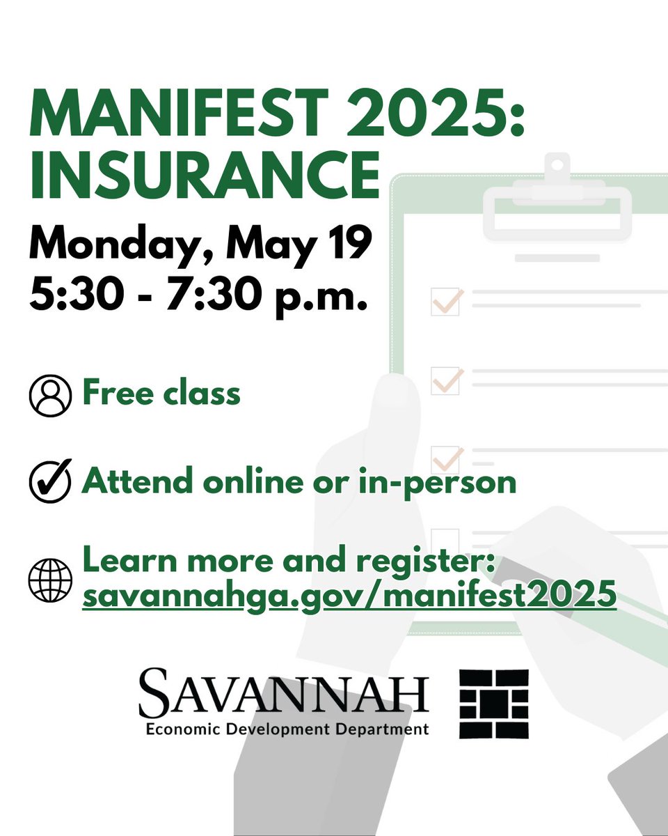 🛡️ This month, we’re talking insurance!
Join us for our next session on May 19 from 5:30–7:30 p.m.

✔️ Free class
✔️ Online or in-person
✔️ Learn how to protect what matters

📲 Register: savannahga.gov/manifest2025
#SavannahGA #Insurance101 #FinancialWellness #CityOfSavannah