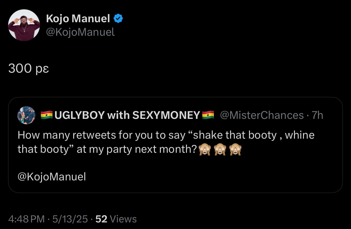 MisterChances's tweet image. Guys please I need just 300 reposts to have Kojo Manuel at my upcoming party 🙈

Please rt this post